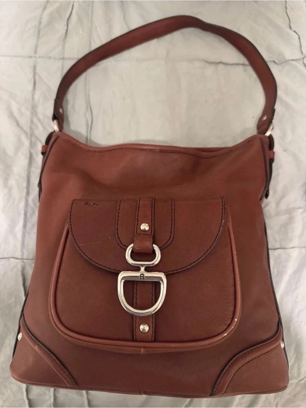 Etienne Aigner Chestnut Brown Leather Shoulder Bag with Front Buckle Pocket